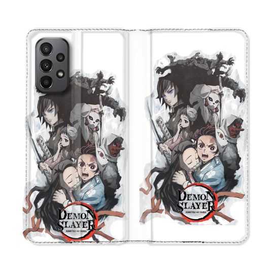 Housse cuir portefeuille Pour Samsung Galaxy A23 5G Manga Demon Slayer Blanc