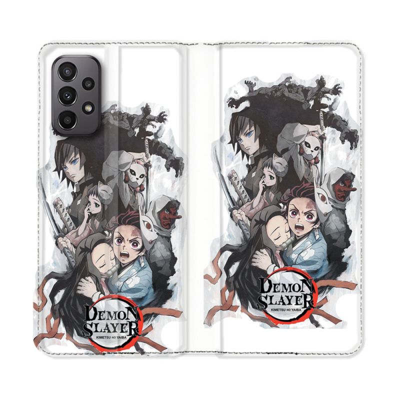 Housse cuir portefeuille Pour Samsung Galaxy A23 5G Manga Demon Slayer Blanc