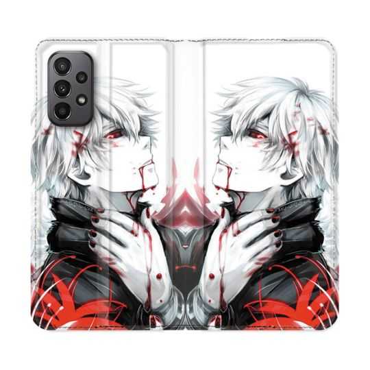 Housse cuir portefeuille Pour Samsung Galaxy A23 5G Manga Tokyo Ghoul Kaneki Blanc