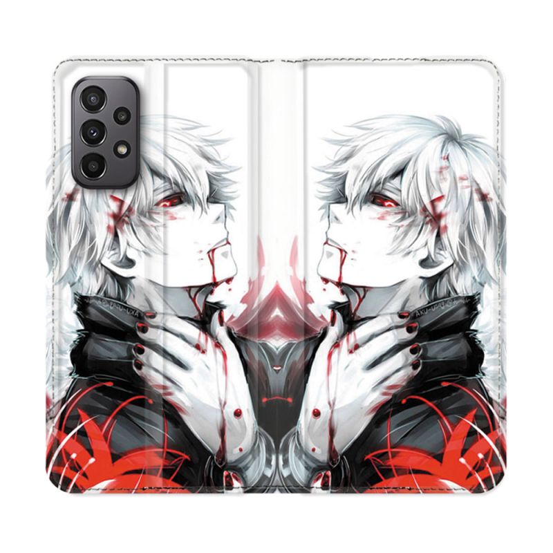 Housse cuir portefeuille Pour Samsung Galaxy A23 5G Manga Tokyo Ghoul Kaneki Blanc
