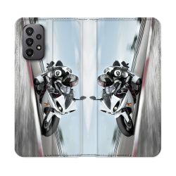 Housse cuir portefeuille Pour Samsung Galaxy A23 5G Moto Course GP Blanche