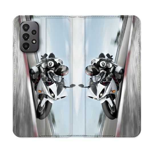 Housse cuir portefeuille Pour Samsung Galaxy A23 5G Moto Course GP Blanche