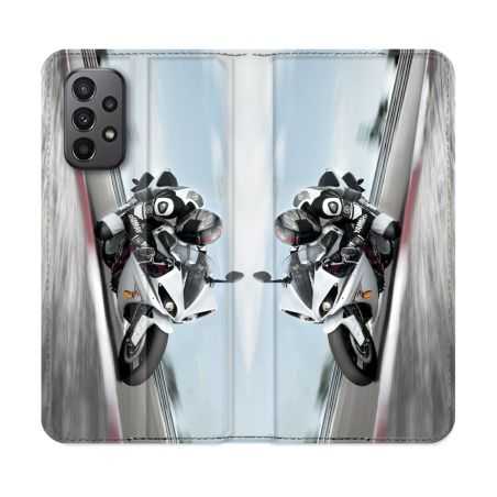 Housse cuir portefeuille Pour Samsung Galaxy A23 5G Moto Course GP Blanche