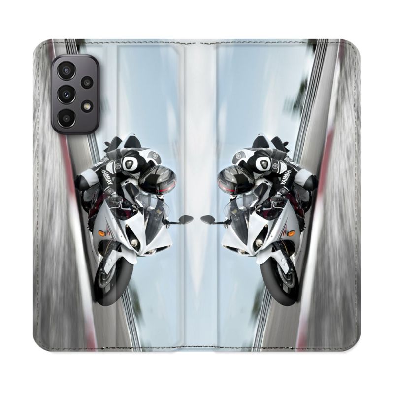 Housse cuir portefeuille Pour Samsung Galaxy A23 5G Moto Course GP Blanche