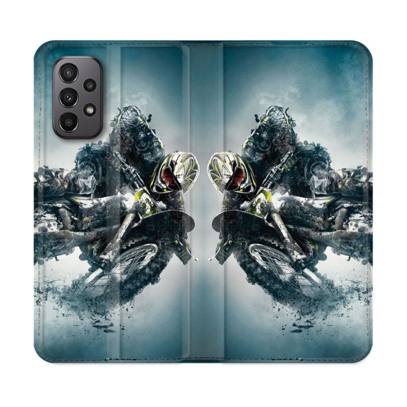 Housse cuir portefeuille Pour Samsung Galaxy A23 5G Moto Cross Ombre