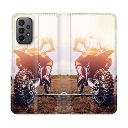 Housse cuir portefeuille Pour Samsung Galaxy A23 5G Moto Cross Soleil