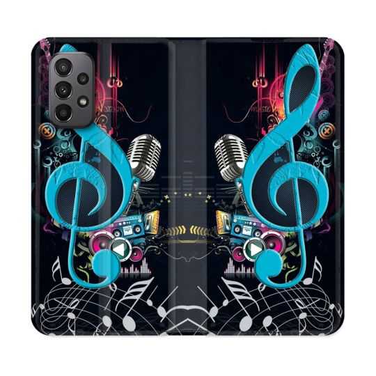 Housse cuir portefeuille Pour Samsung Galaxy A23 5G Musique Cle Sol Bleu