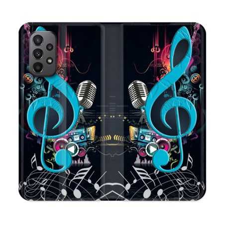 Housse cuir portefeuille Pour Samsung Galaxy A23 5G Musique Cle Sol Bleu