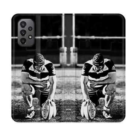 Housse cuir portefeuille Pour Samsung Galaxy A23 5G Sport Rugby Noir Blanc