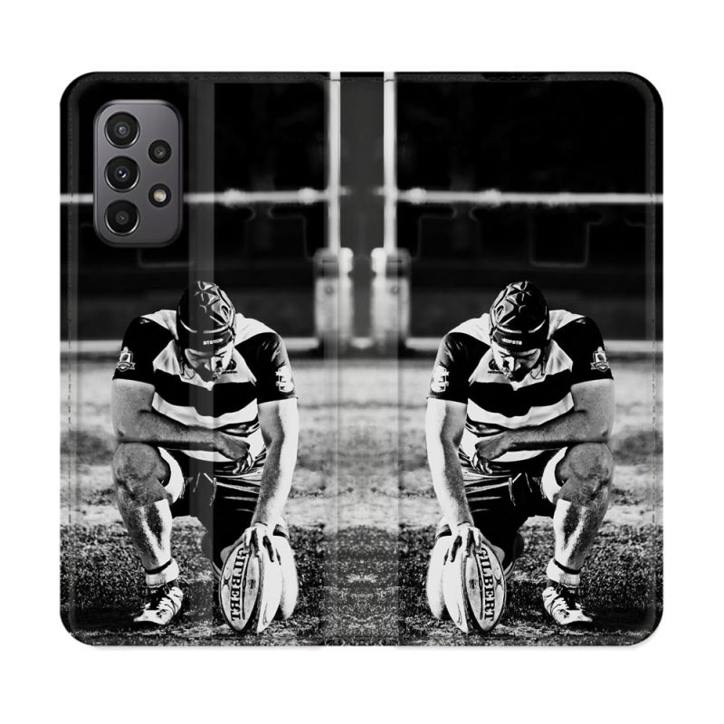 Housse cuir portefeuille Pour Samsung Galaxy A23 5G Sport Rugby Noir Blanc