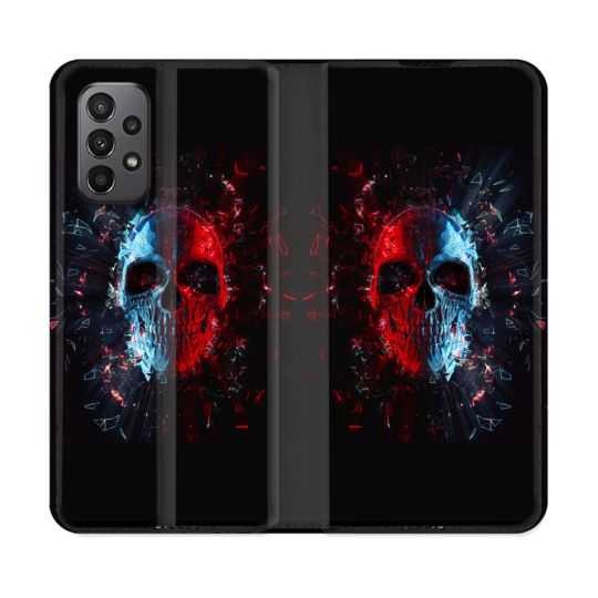 Housse cuir portefeuille Pour Samsung Galaxy A23 5G Tete de Mort Deflagration