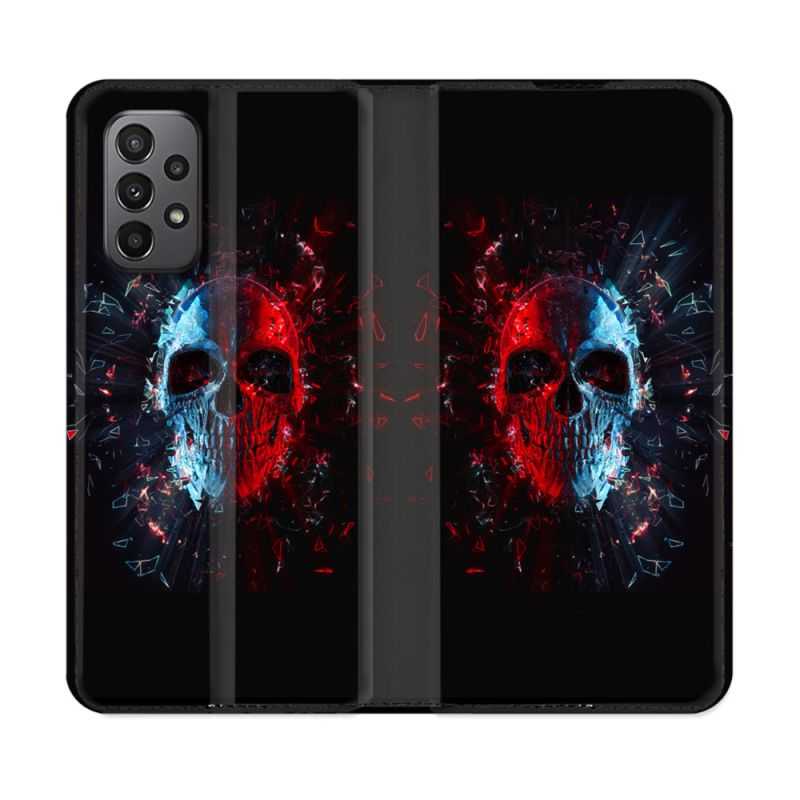 Housse cuir portefeuille Pour Samsung Galaxy A23 5G Tete de Mort Deflagration