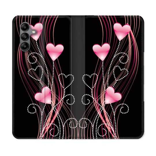 Housse cuir portefeuille Pour Samsung Galaxy A04S Amour Coeur Rose Montant sur Noir