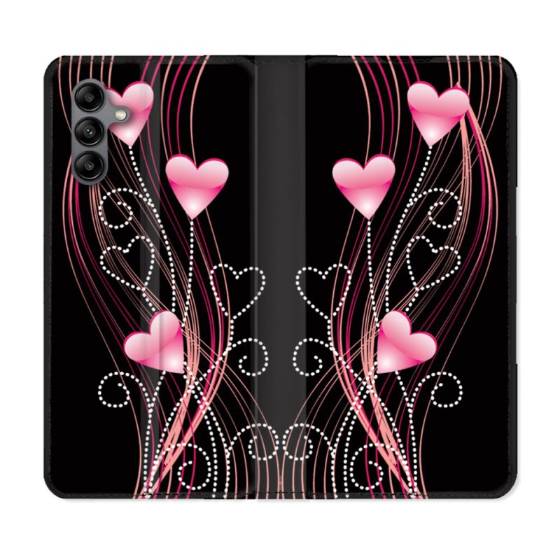 Housse cuir portefeuille Pour Samsung Galaxy A04S Amour Coeur Rose Montant sur Noir