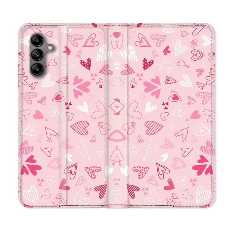 Housse cuir portefeuille Pour Samsung Galaxy A04S Amour Ptis Coeurs
