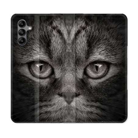 Housse cuir portefeuille Pour Samsung Galaxy A04S Animal Chat Gris