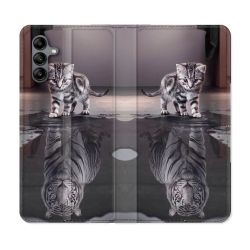 Housse cuir portefeuille Pour Samsung Galaxy A04S Animal Chat Reflet