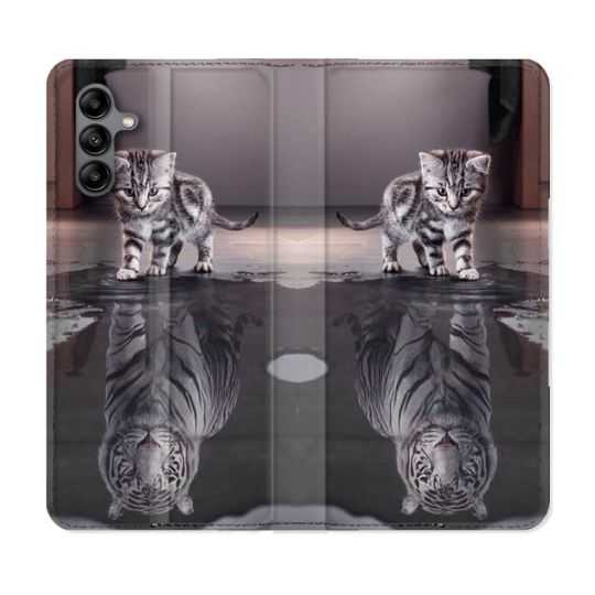 Housse cuir portefeuille Pour Samsung Galaxy A04S Animal Chat Reflet