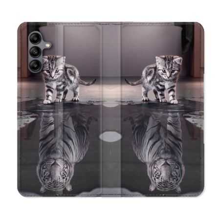 Housse cuir portefeuille Pour Samsung Galaxy A04S Animal Chat Reflet