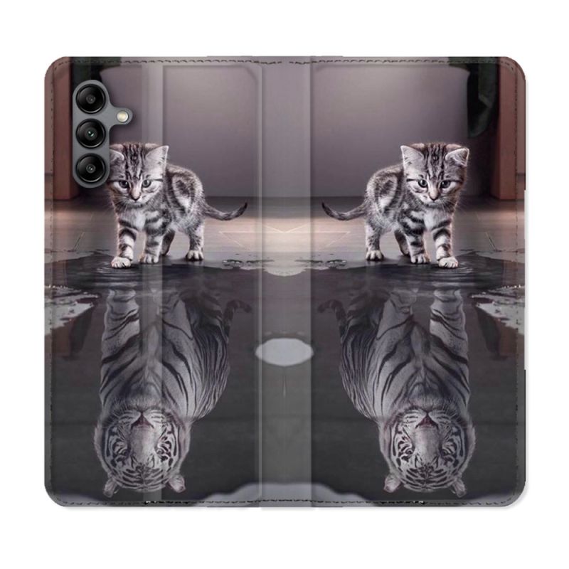 Housse cuir portefeuille Pour Samsung Galaxy A04S Animal Chat Reflet