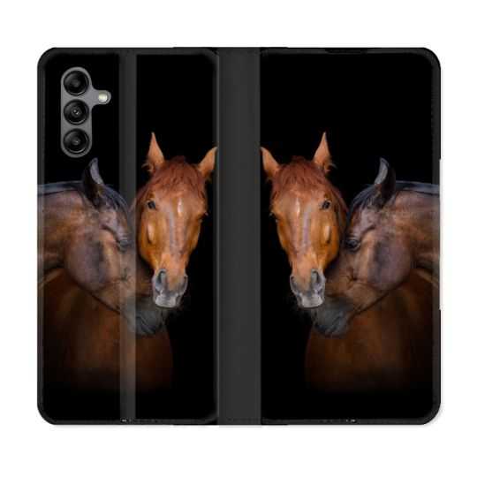 Housse cuir portefeuille Pour Samsung Galaxy A04S Animal Cheval Marron
