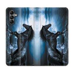 Housse cuir portefeuille Pour Samsung Galaxy A04S Animal Cheval Noir