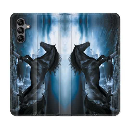 Housse cuir portefeuille Pour Samsung Galaxy A04S Animal Cheval Noir