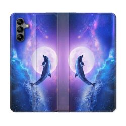 Housse cuir portefeuille Pour Samsung Galaxy A04S Animal Dauphin Vague