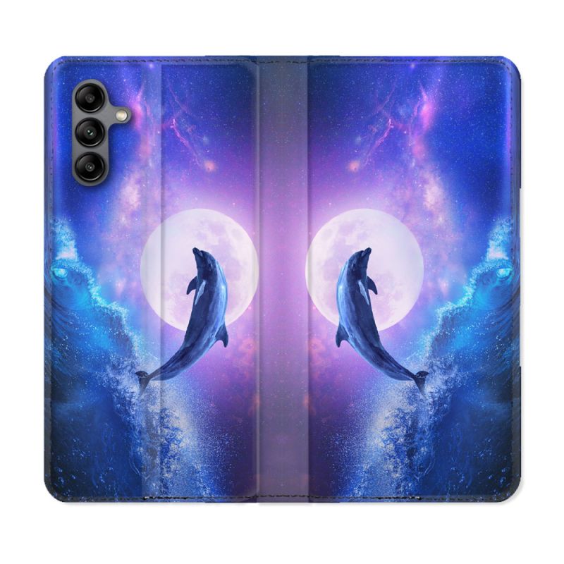 Housse cuir portefeuille Pour Samsung Galaxy A04S Animal Dauphin Vague