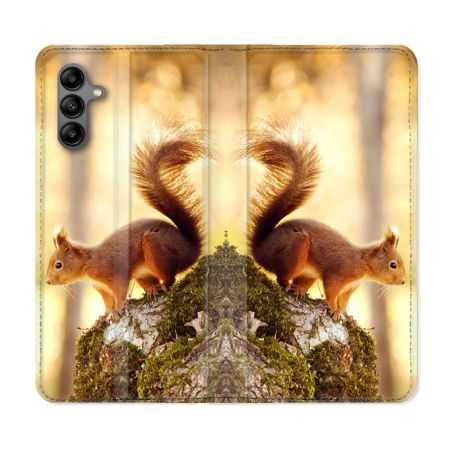 Housse cuir portefeuille Pour Samsung Galaxy A04S Animal Ecureuil Bois