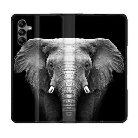 Housse cuir portefeuille Pour Samsung Galaxy A04S Animal Elephant Noir