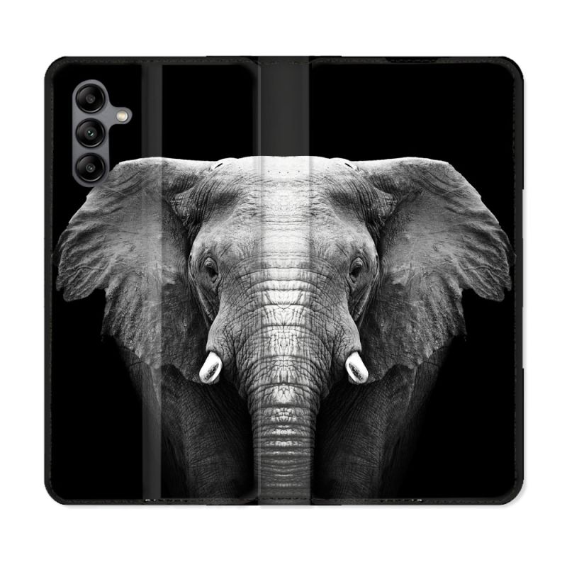 Housse cuir portefeuille Pour Samsung Galaxy A04S Animal Elephant Noir