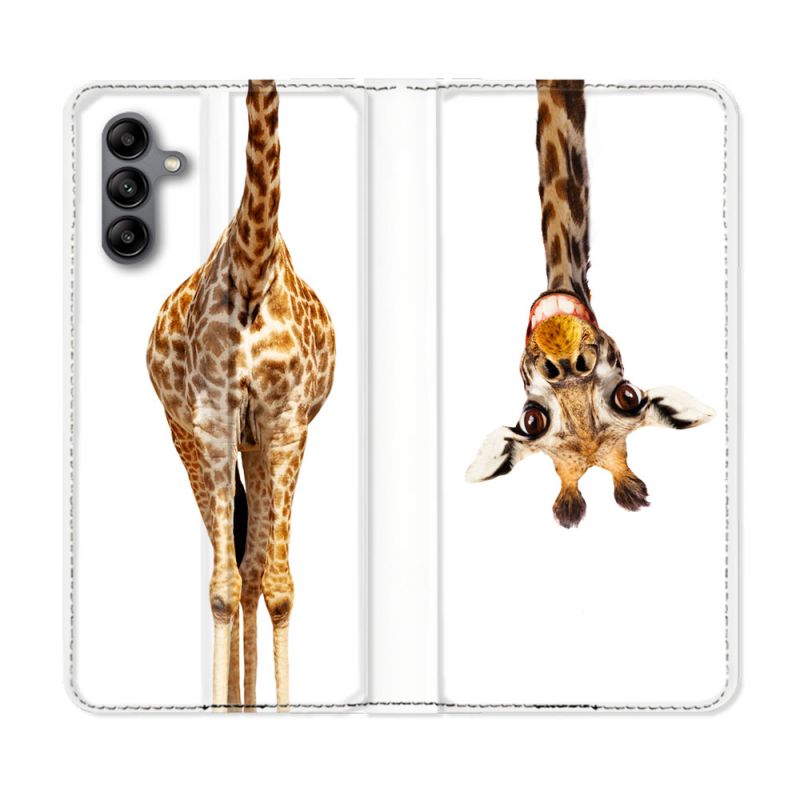 Housse cuir portefeuille Pour Samsung Galaxy A04S Animal Girafe Blanche