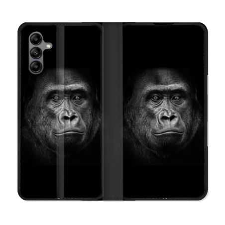 Housse cuir portefeuille Pour Samsung Galaxy A04S Animal Gorille Noir