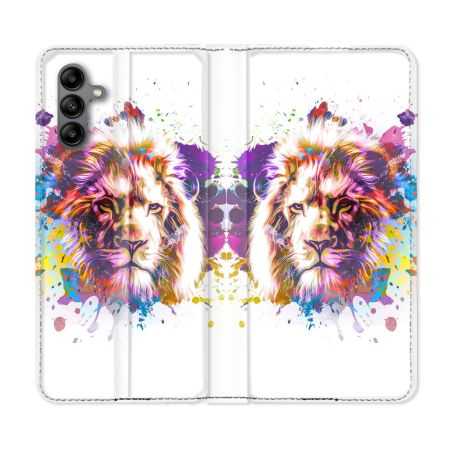 Housse cuir portefeuille Pour Samsung Galaxy A04S Animal Lion Tag