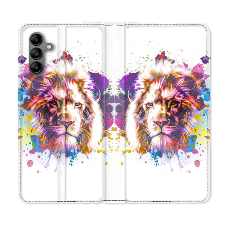 Housse cuir portefeuille Pour Samsung Galaxy A04S Animal Lion Tag