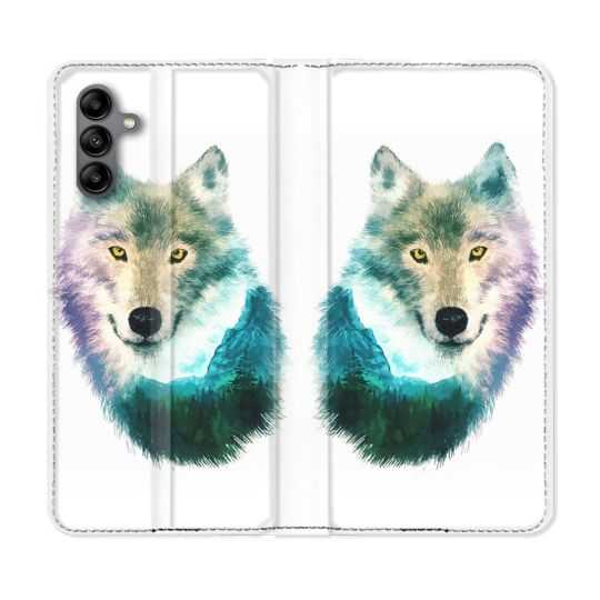 Housse cuir portefeuille Pour Samsung Galaxy A04S Animal Loup Montagne