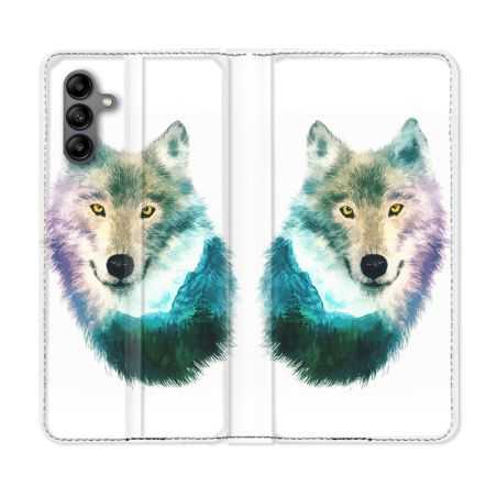 Housse cuir portefeuille Pour Samsung Galaxy A04S Animal Loup Montagne