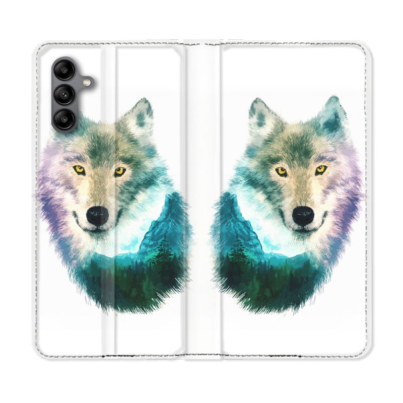 Housse cuir portefeuille Pour Samsung Galaxy A04S Animal Loup Montagne