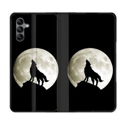 Housse cuir portefeuille Pour Samsung Galaxy A04S Animal Loup Noir