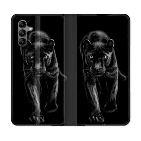 Housse cuir portefeuille Pour Samsung Galaxy A04S Animal Panthère Noire