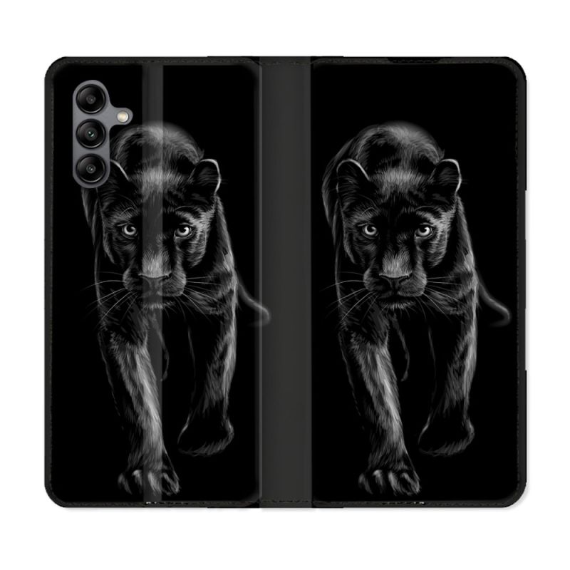 Housse cuir portefeuille Pour Samsung Galaxy A04S Animal Panthère Noire