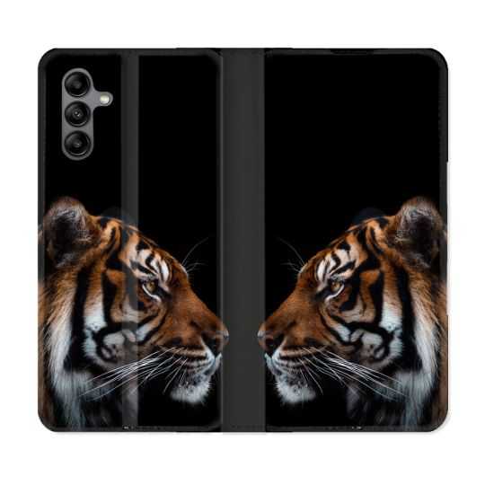 Housse cuir portefeuille Pour Samsung Galaxy A04S Animal Tigre Noir