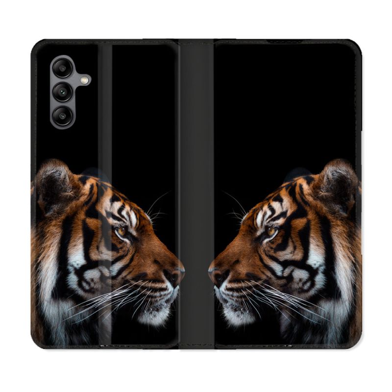 Housse cuir portefeuille Pour Samsung Galaxy A04S Animal Tigre Noir