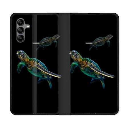 Housse cuir portefeuille Pour Samsung Galaxy A04S Animal Tortue Noire multicolore