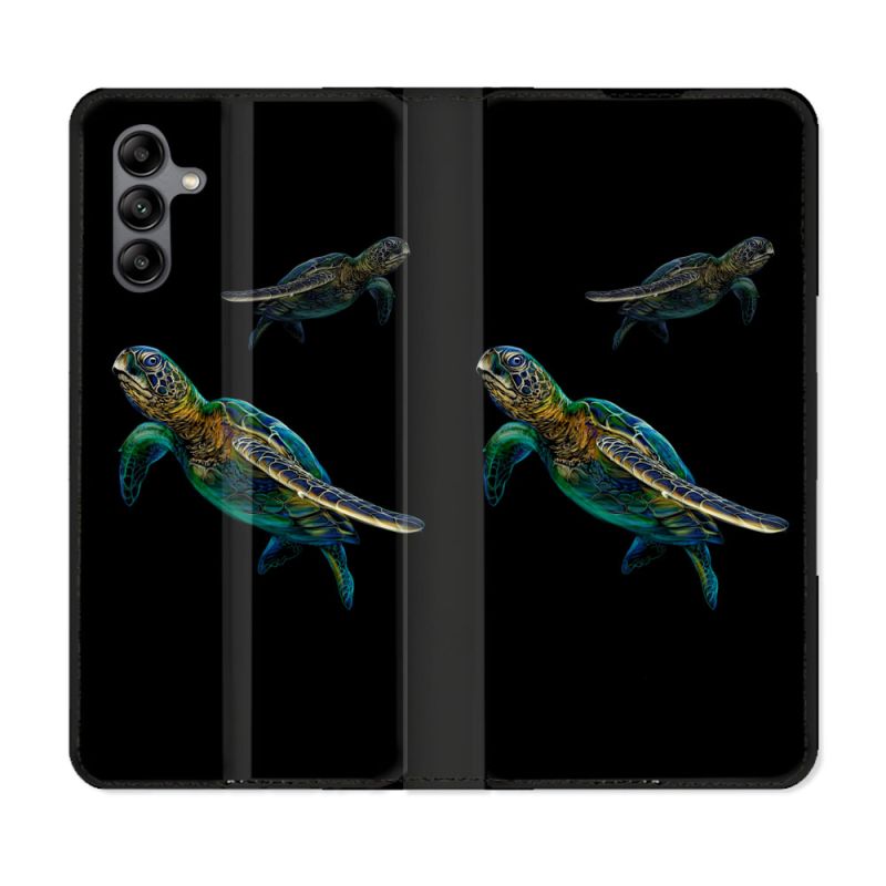 Housse cuir portefeuille Pour Samsung Galaxy A04S Animal Tortue Noire multicolore