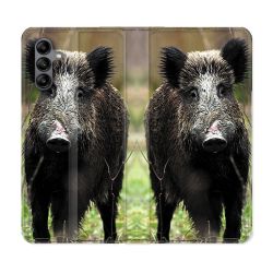 Housse cuir portefeuille Pour Samsung Galaxy A04S Chasse Sanglier bois