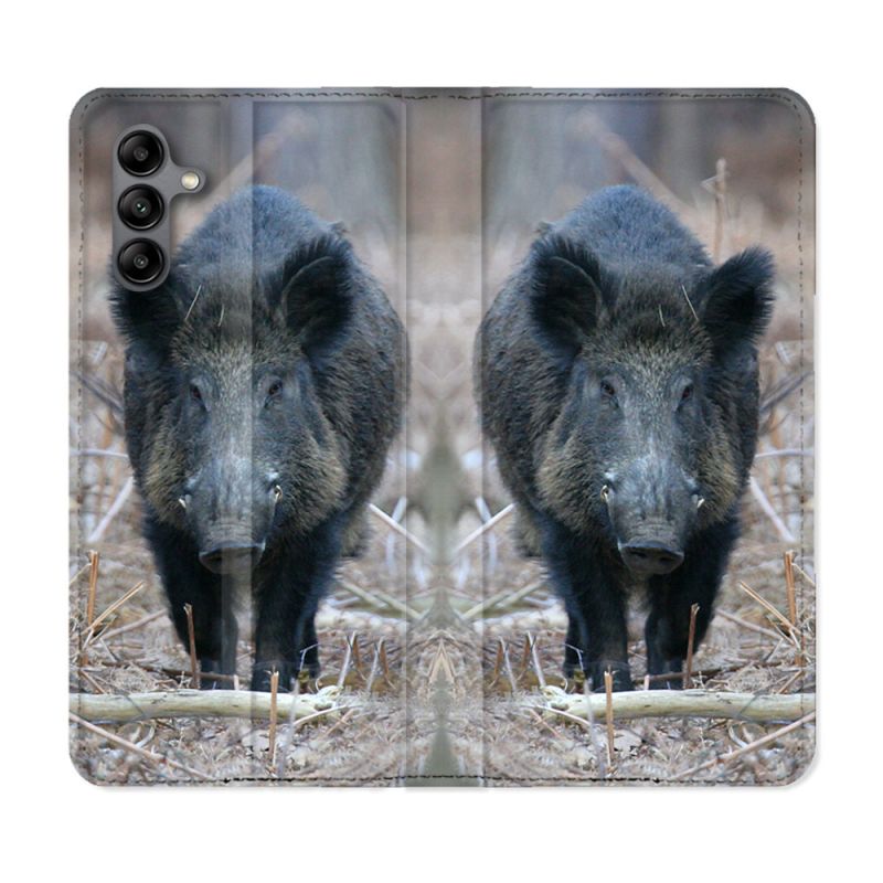 Housse cuir portefeuille Pour Samsung Galaxy A04S Chasse Sanglier Pin