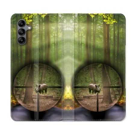Housse cuir portefeuille Pour Samsung Galaxy A04S Chasse Sanglier Viseur