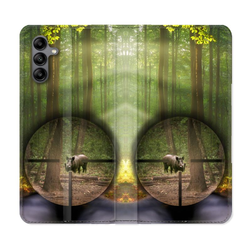 Housse cuir portefeuille Pour Samsung Galaxy A04S Chasse Sanglier Viseur